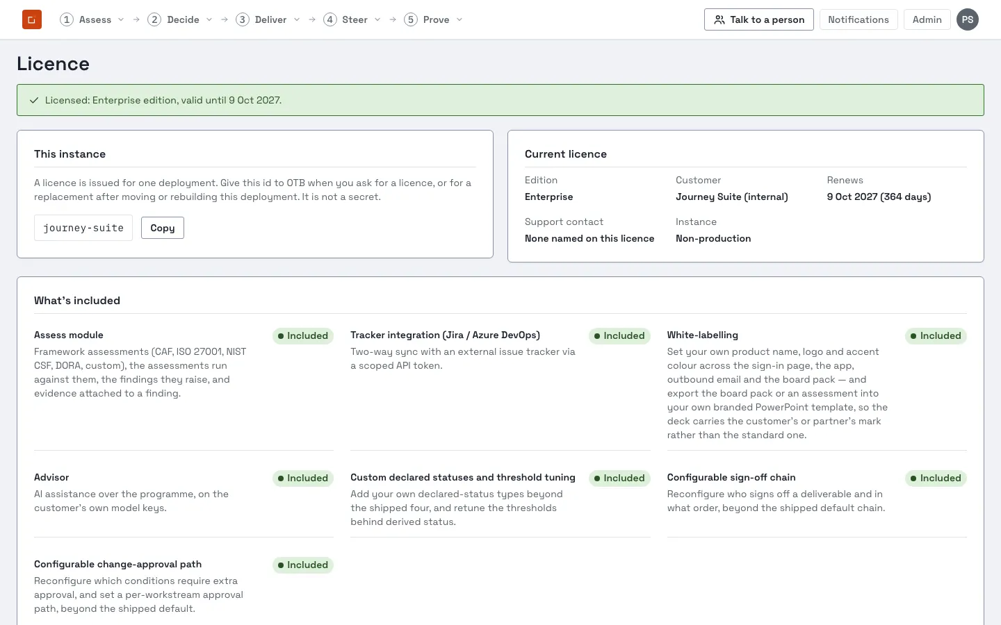Account → Licence: licence status, this instance’s id, the current licence, and which modules are included