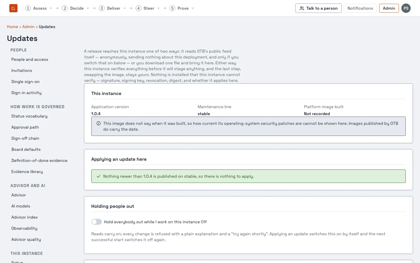 Admin → Updates: this instance’s version and whether an update is available