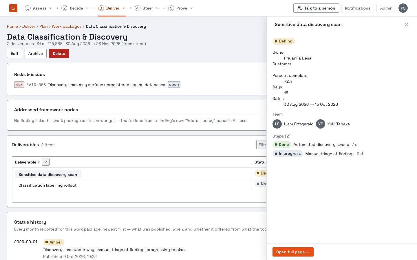 A deliverable opened from its work package: status, owner, percent complete, dates, team and steps